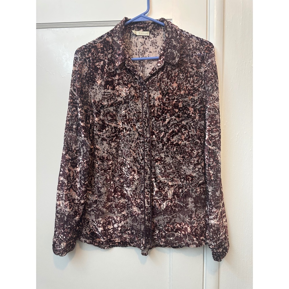 Hinge Velvet Burnout Mesh Button Down Shirt Burgundy Floral HL261152MI Small